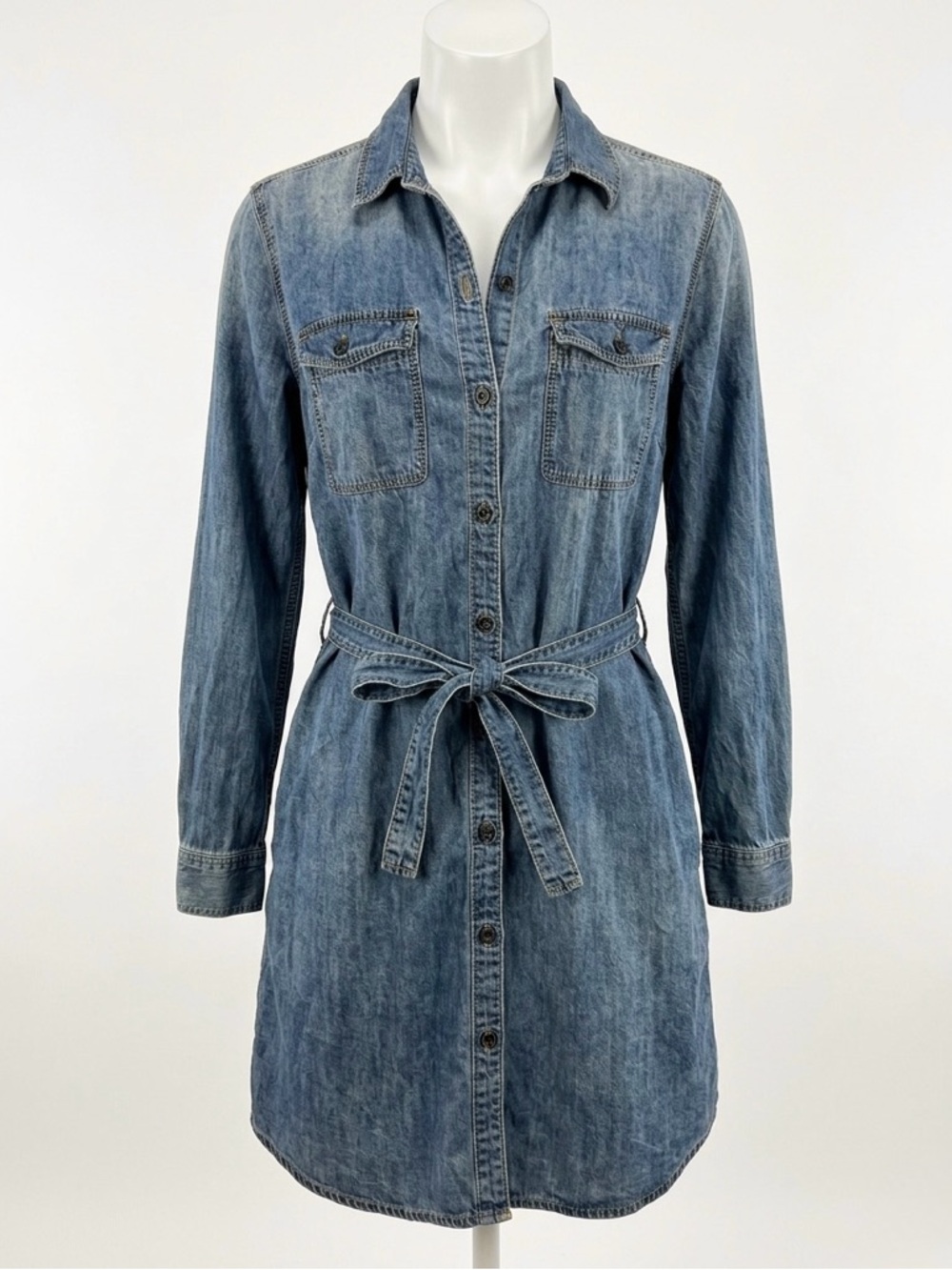 GAP 1969 Denim Shirt Dress Medium Blue Wash Long Sleeve Belted Midi